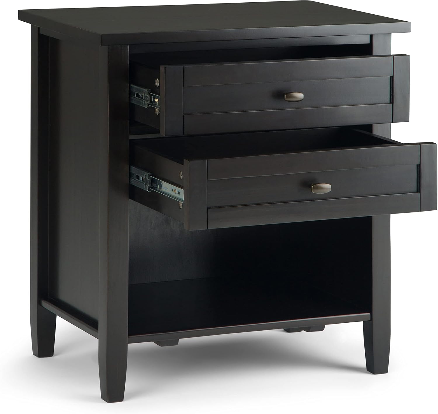 SIMPLIHOME Warm Shaker Bedside Table - 24 inch Wide Solid Wood Nightstand in Hickory Brown, Transitional Bedroom Side or End Table with 2 Drawers, Open Shelf Storage and Bronze Hardware