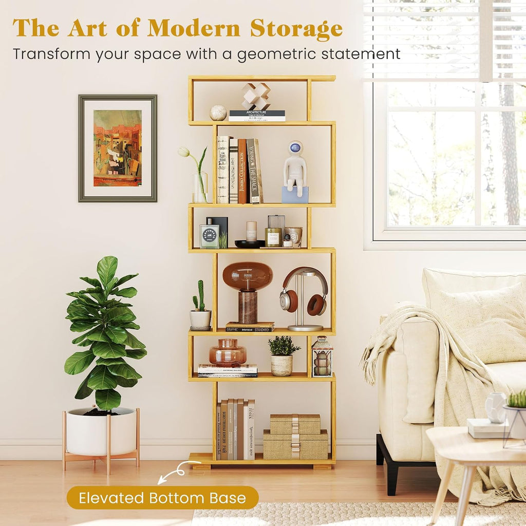 Giantex 6-Tier Geometric Bookshelves Set of 2, S-Shaped Bookcase with 2 Anti-Tipping Kits, Wooden Display Shelf, Decorative Storage Shelving Unit, Home Storage Organizer for Living Room, Burlywood