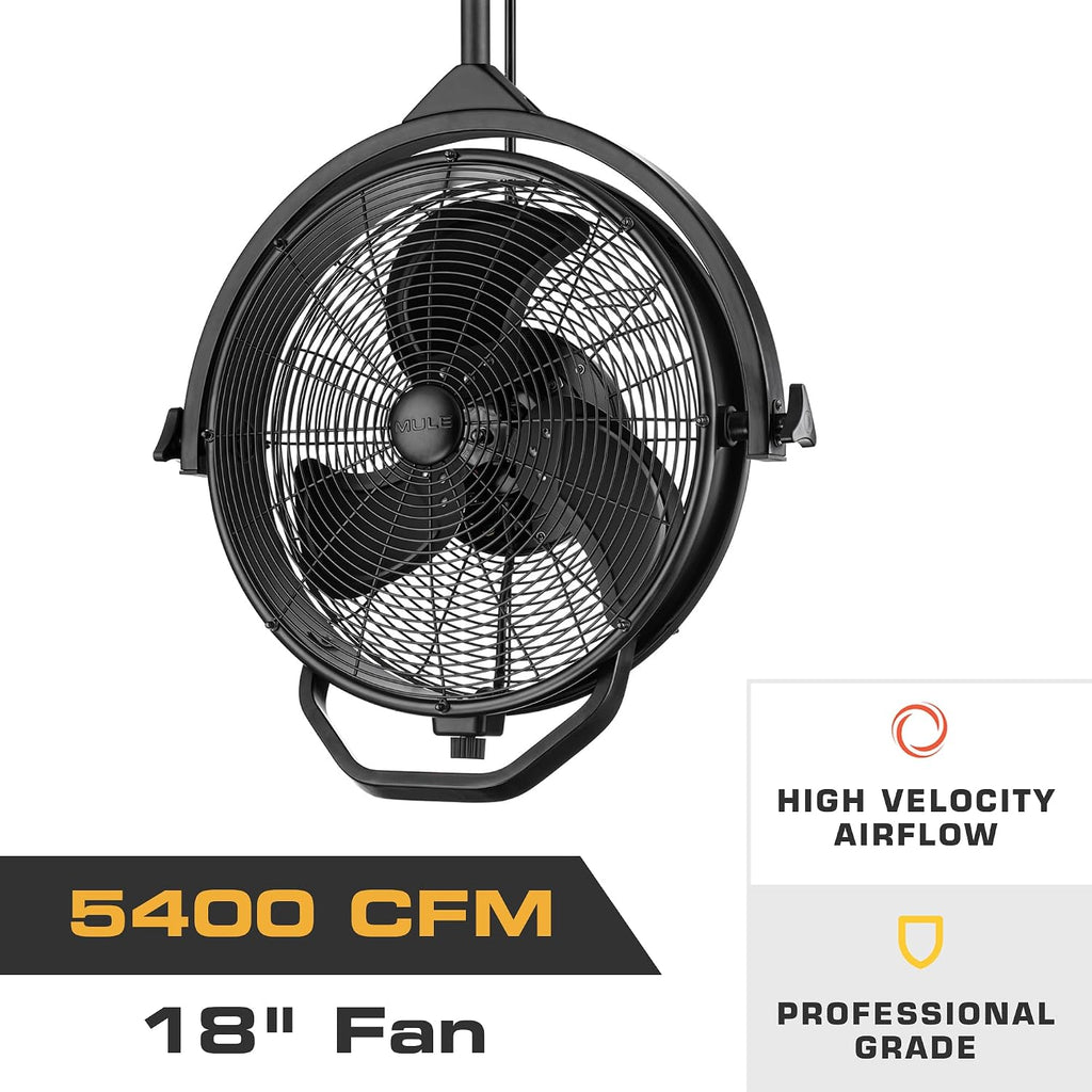 MULE Rugged Outdoor 18' Inch Fan, Dual Height Ceiling Mounting options, Standard 3-prong plug, 360-deg + up/down adjustable direction, 3-speeds, High Flow, 8 ft cord, Damp rated, Black Matte, 52008-5