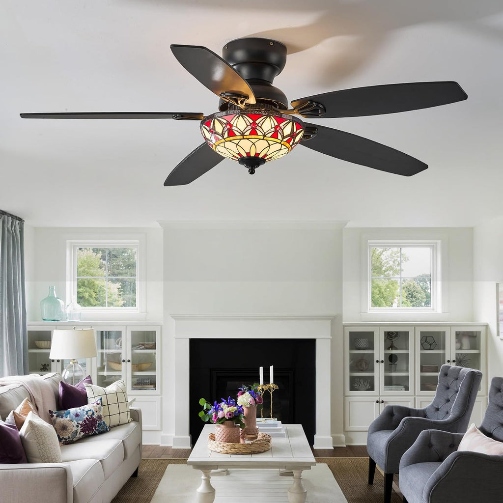 Tiffany Ceiling Fans with Lights - 52' Ceiling Fan Chandelier with 5 Dual-Blades and Glass Shade, 6 Speeds and Reversible, Indoor and Outdoor, Retro Style