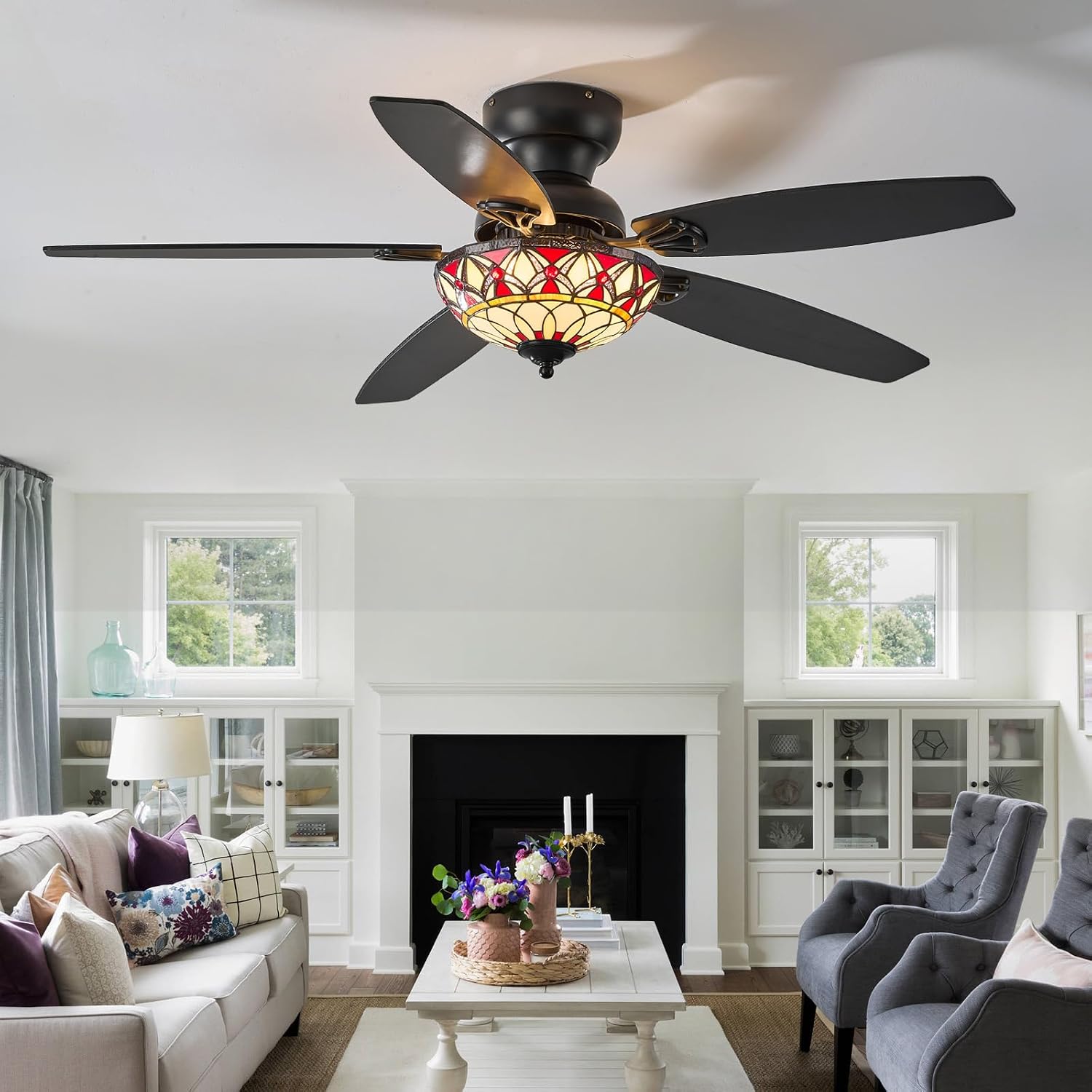 Tiffany Ceiling Fans with Lights - 52' Ceiling Fan Chandelier with 5 Dual-Blades and Glass Shade, 6 Speeds and Reversible, Indoor and Outdoor, Retro Style