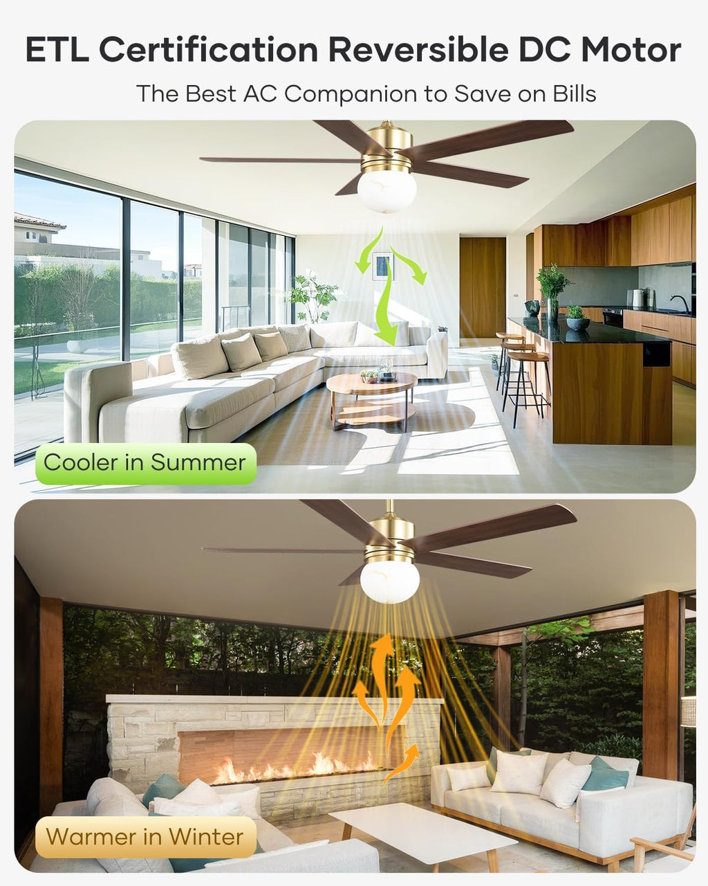 52' Gold Ceiling Fan with Light and Remote, Modern Brushed Gold Indoor Ceiling Fan, Reversible DC Motor, Dimmable LED 3 Color Temp 3000K/4000K/5000K, Dual-Finish White/Walnut Blades