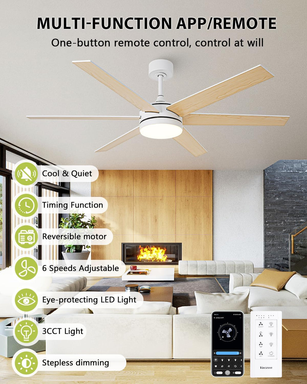 60 Inch Ceiling Fans with Lights and Remote, Indoor Outdoor Modern White Ceiling Fan with Light, Reversible DC Motor Dual-Sided Blades, 3CCT, Large Farmhouse Ceiling Fan for Living Room Bedroom