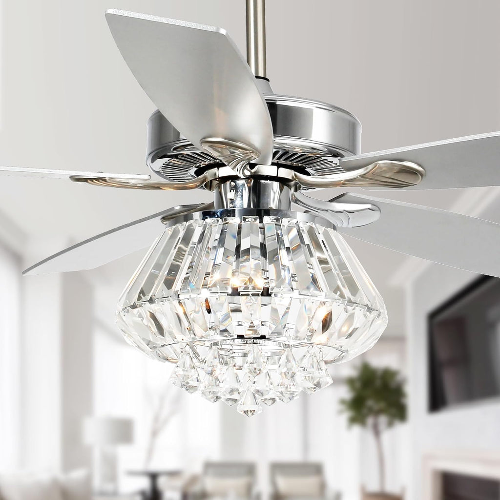Parrot Uncle Ceiling Fans with Lights and Remote, 52 Inch Crystal Chandelier Lighting Ceiling Fans for Bedroom Living Room, Ventiladores De Techo Modernos, Reversible 5 Blades, Timer, Silver