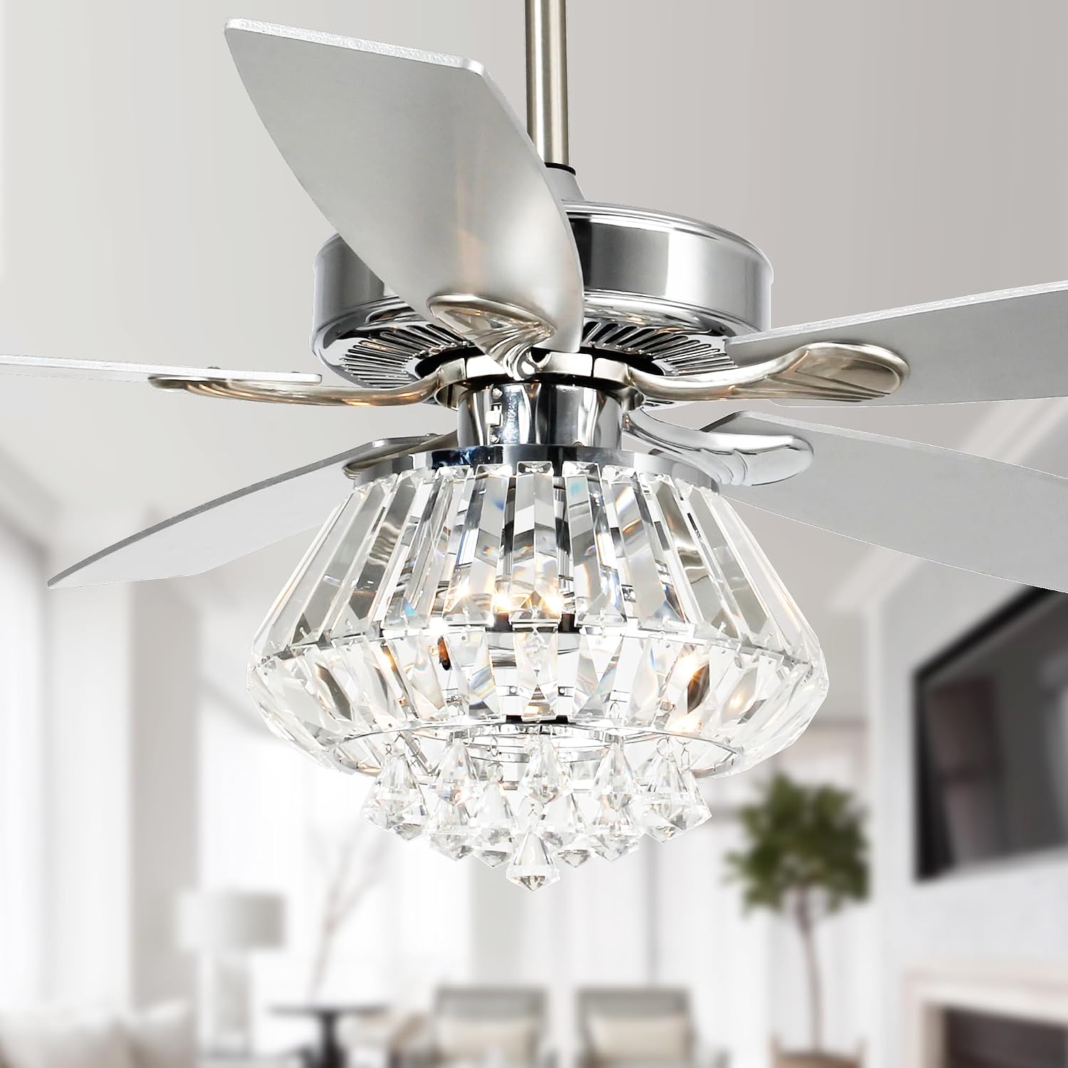 Parrot Uncle Ceiling Fans with Lights and Remote, 52 Inch Crystal Chandelier Lighting Ceiling Fans for Bedroom Living Room, Ventiladores De Techo Modernos, Reversible 5 Blades, Timer, Silver