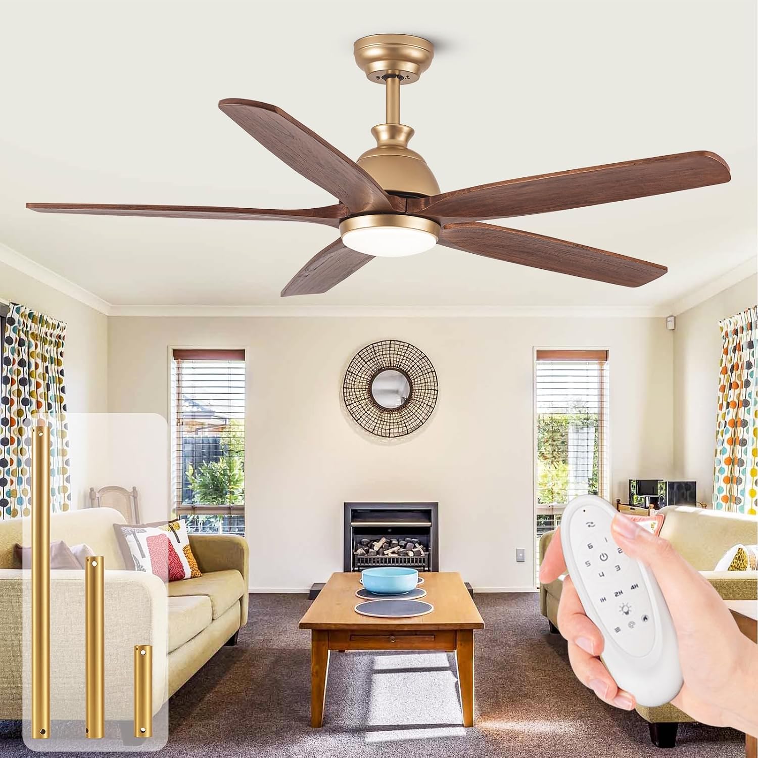 Ceiling Fans with Lights Remote Control, 60 Inch Gold Outdoor 5 Walnut Wood Blades Modern Ceiling Fan DC Reversible Motor for Patio Bedroom Living Room Farmhouse