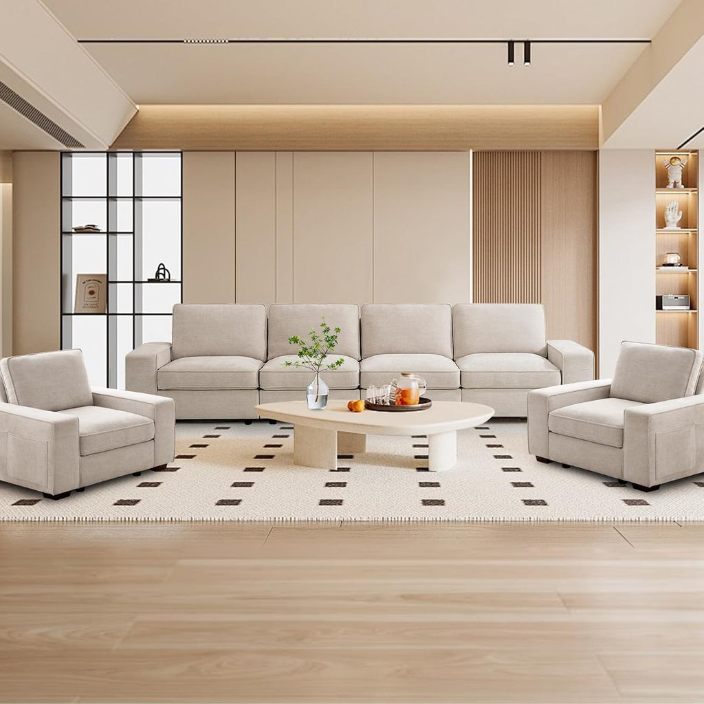 TEKAMON 128' Modular Sofa Couch with Large Seats Storage, Chenille Sofa,Modern Comfy 4-Seater Couch for Living Room, Office, Deep Seat, Wide Armrest, Side Pockets, USB Port, Removable Covers, Beige