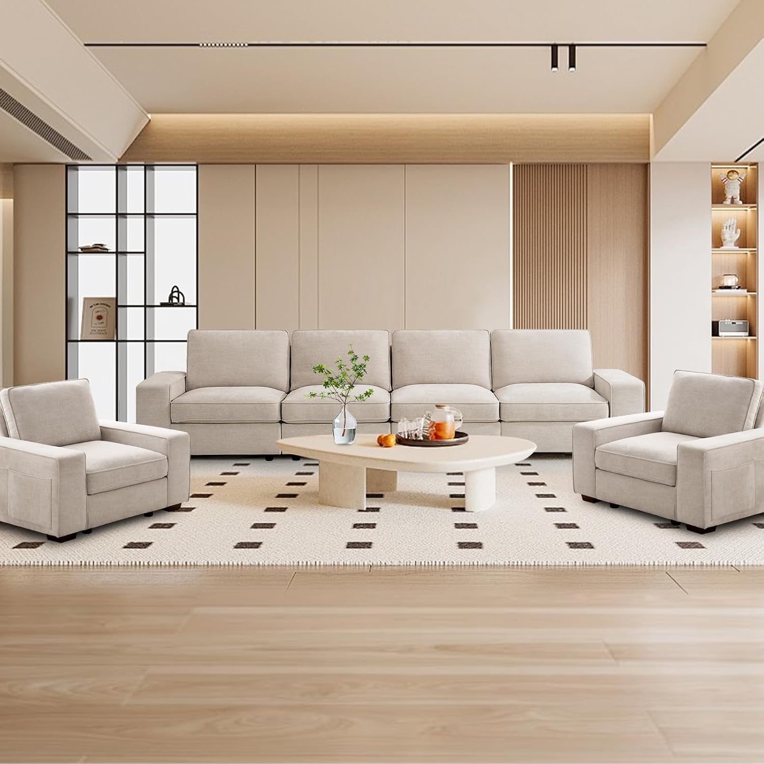 TEKAMON 128' Modular Sofa Couch with Large Seats Storage, Chenille Sofa,Modern Comfy 4-Seater Couch for Living Room, Office, Deep Seat, Wide Armrest, Side Pockets, USB Port, Removable Covers, Beige