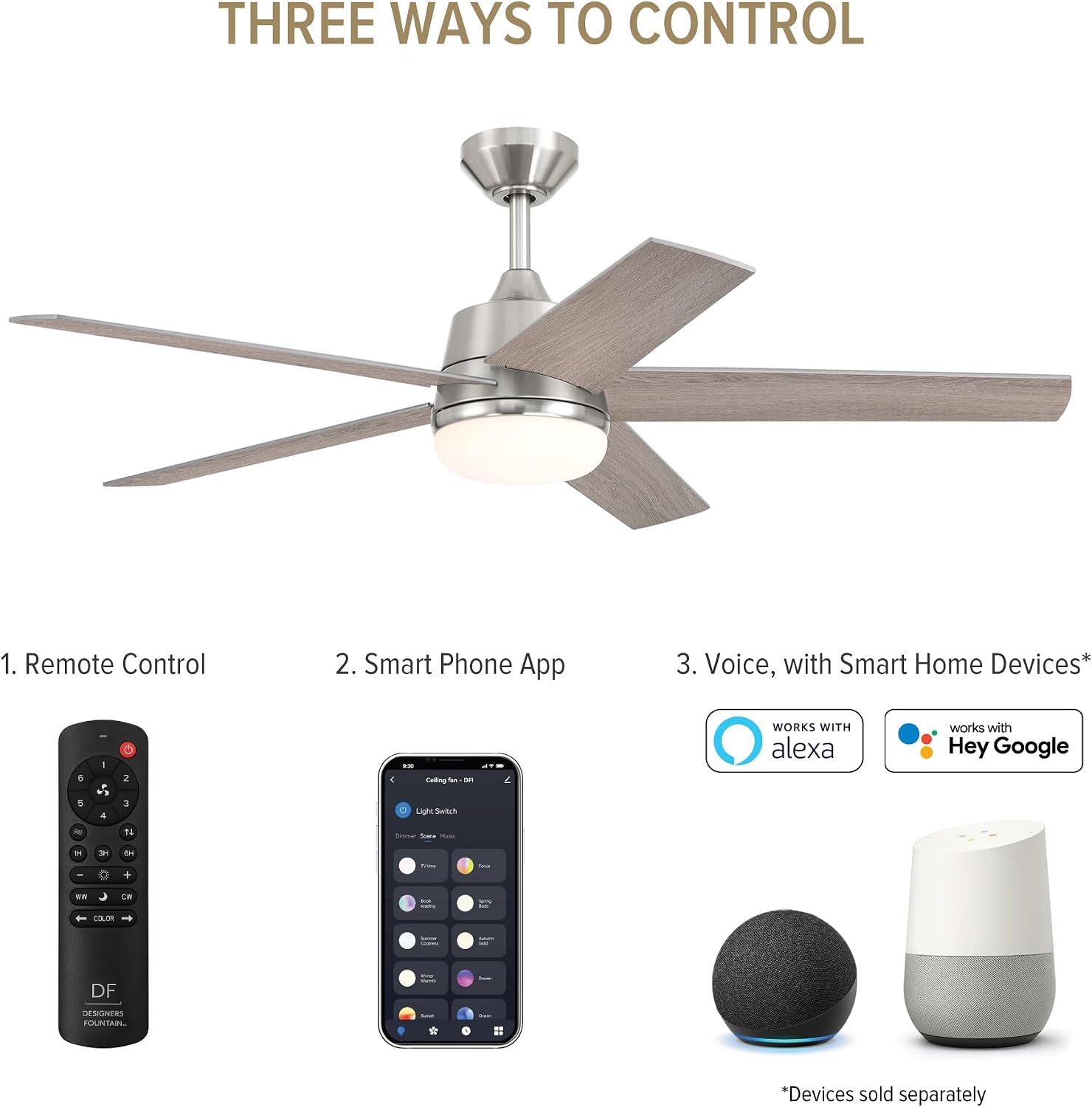 DESIGNERS FOUNTAIN Astrea Smart Ceiling Fan with Lights, 52 Inch LED Light Indoor Outdoor 5-Blade Fan, Remote Control, RGB, Brushed Nickel, FS-ATR52RGB-BN
