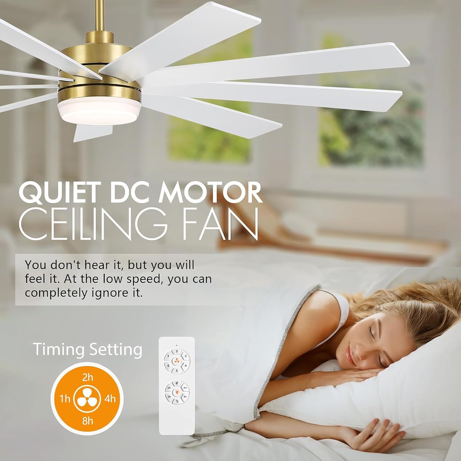 LEDLUX 64' Ceiling Fan with Light, 6-Speed Remote Control, Reversible DC Motor, Modern 9 Blades with 4.5'/12' Downrods for Home or Commercial White/Gold