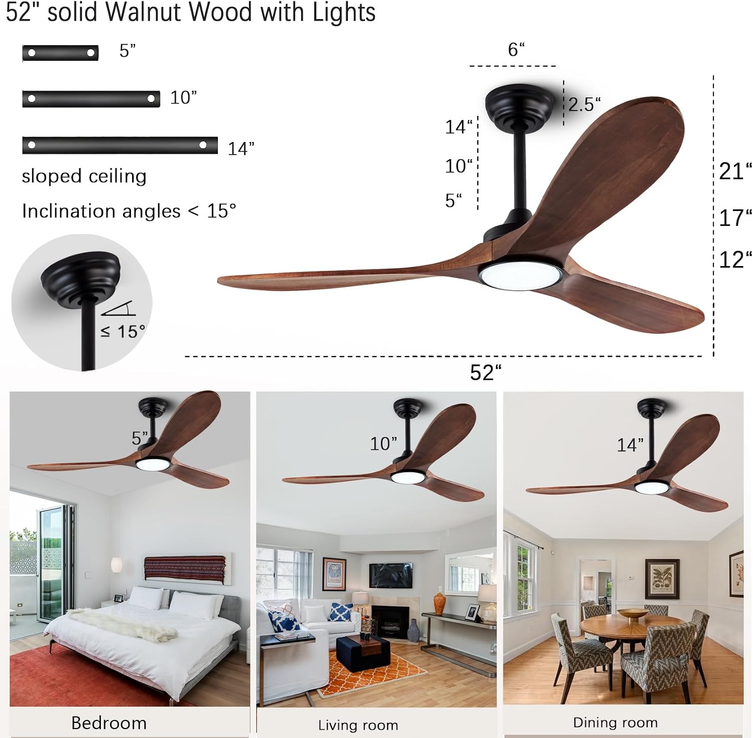 QUTWOB 52' Wood Ceiling Fans with Lights and Remote Control,Indoor Outdoor 3 Blades Wooden Ceiling Fan for Garage,Patio,Living Rooms,Bedrooms,Offices,Farmhouse(Black+Dark Walnut)