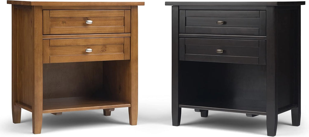 SIMPLIHOME Warm Shaker Bedside Table - 24 inch Wide Solid Wood Nightstand in Light Golden Brown, Transitional Bedroom Side or End Table with 2 Drawers, Open Shelf Storage and Brushed Nickel Hardware