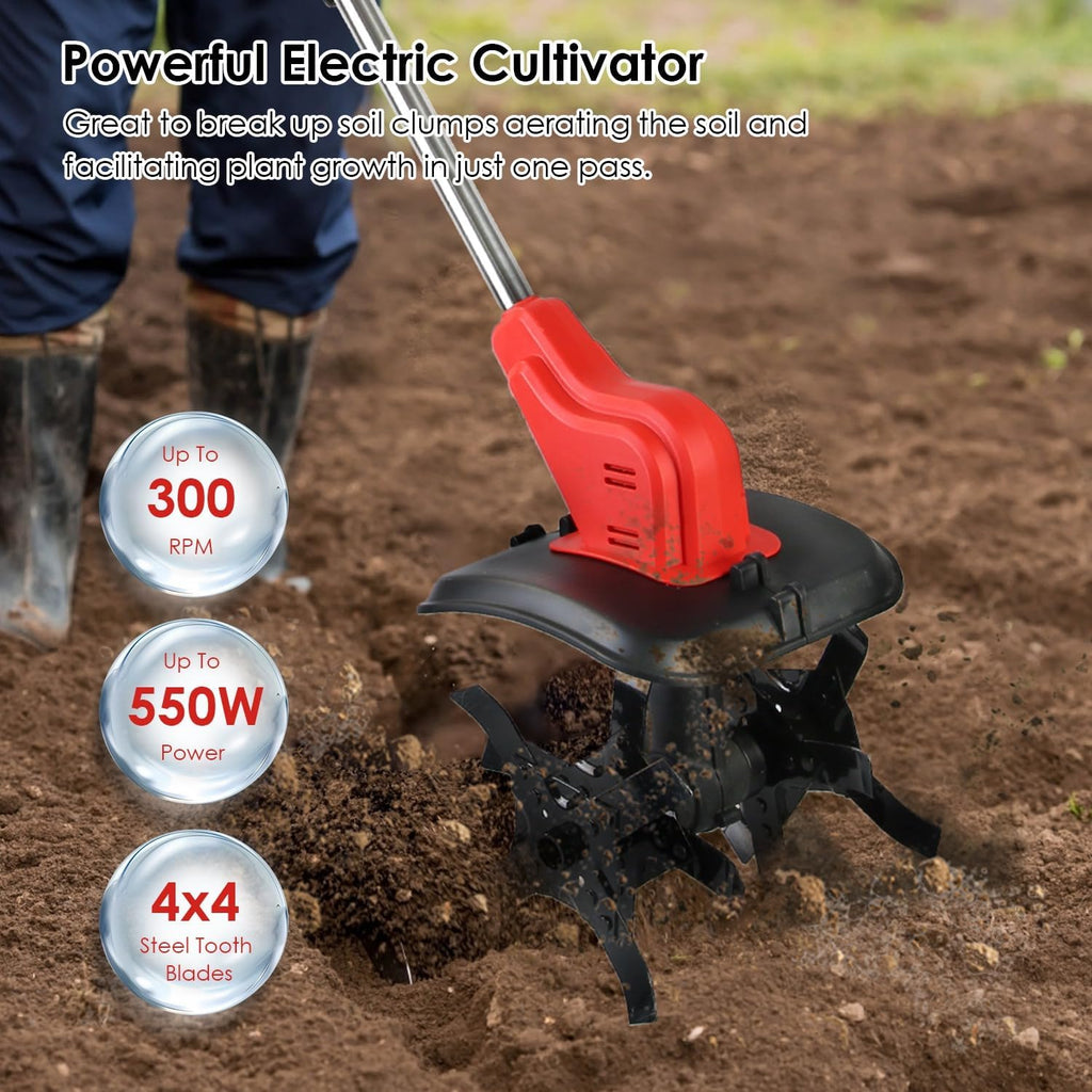 TeqHome 21V Cordless Tiller Cultivator, 300RPM Electric Garden Tiller with 16 Steel Tines, 4AH Battery & Charger, 9-in Tilling Width & 9-in Depth Garden Rototiller for Lawn/Gardening/Soil Cultivation