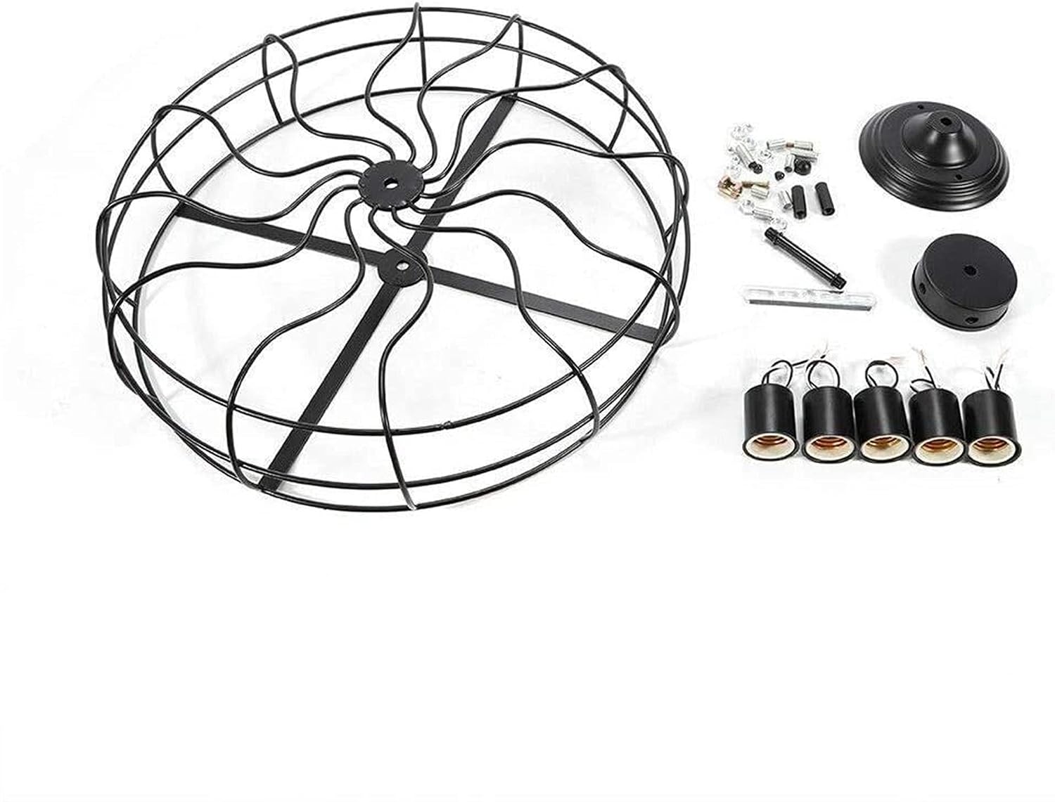 Metal Fan Pendant Lamp Steampunk Industrial Vintage Ceiling Chandelier Light E27 Ceiling Lighting Fixture for Restaurant Kitchen, Retro Black Fan Style Metal Cage Ceiling Light 5-Lights
