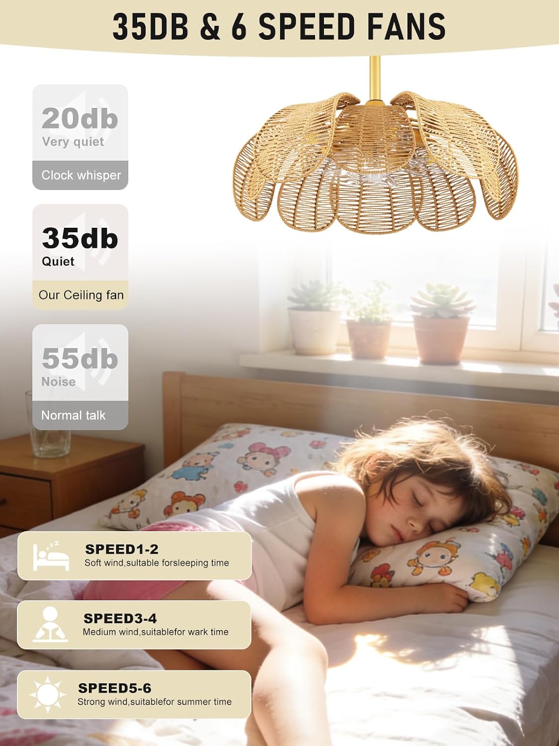 26'Rattan Fandelier Ceiling Fan with Light,Flower Boho Ceiling Fan with Light and Remote,Black Farmhouse Chandelier Fan for Bedroom, Living Room,Kitchen,Foyer(6 Speed, Timing Adjustable Height)