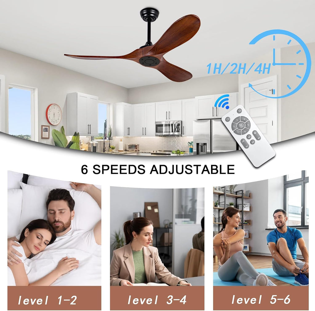 52-inch Ceiling Fan Without Light, with Remote Control, Reversible DC Motor, with 3 Solid Wood Blades, for Patio, Living Room, Bedroom, Farmhouse (Black + Walnut)