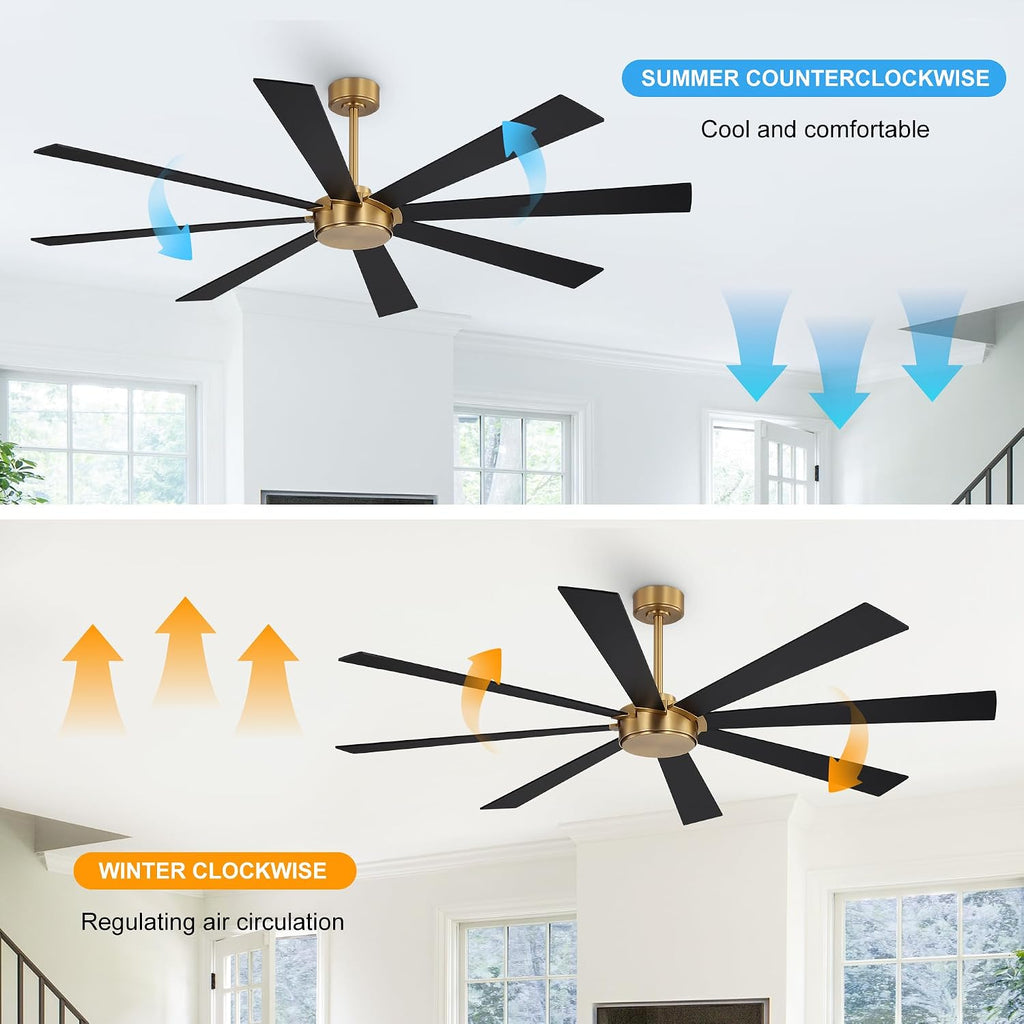 WINGBO 60' Ceiling Fan without Light, Modern Large Ceiling Fan with Remote Control, 6-Speed Reversible Noiseless DC Motor, Gold and Walnut/Black Blades for Living Room, Bedroom & Covered Outdoor