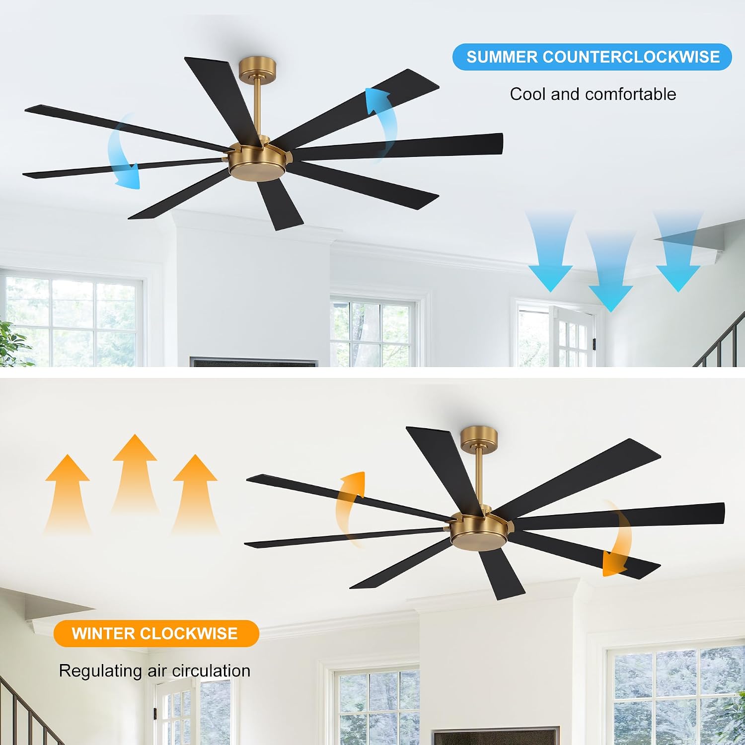 WINGBO 60' Ceiling Fan without Light, Modern Large Ceiling Fan with Remote Control, 6-Speed Reversible Noiseless DC Motor, Gold and Walnut/Black Blades for Living Room, Bedroom & Covered Outdoor