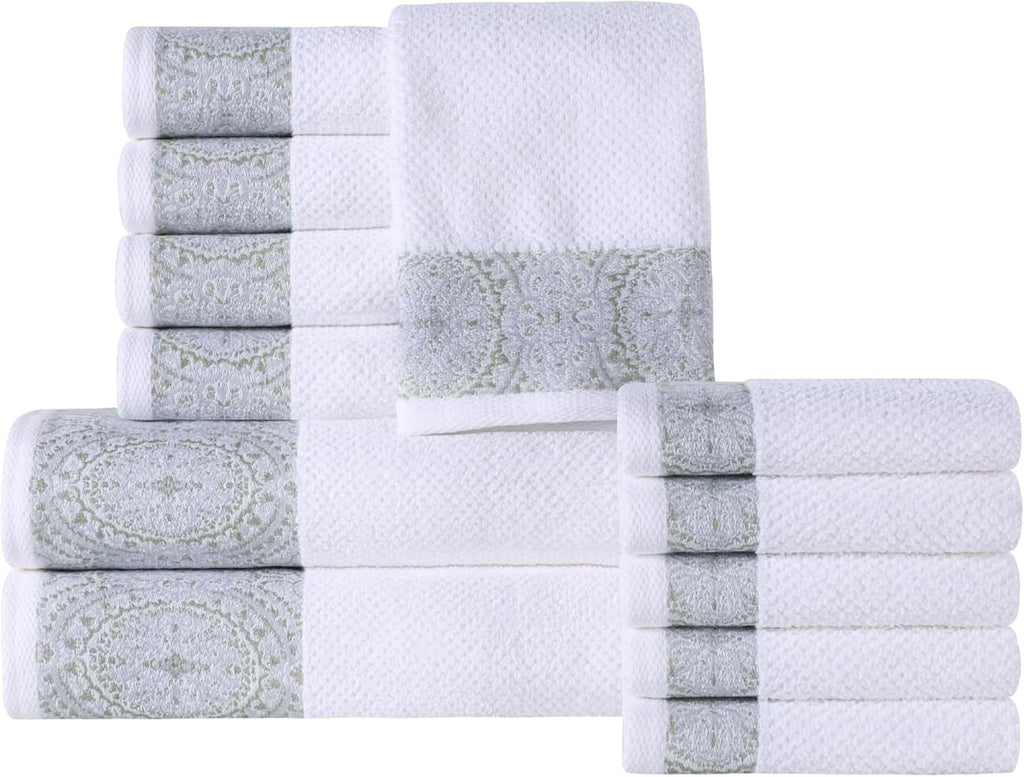 Superior Medallion Cotton 12 Piece Assorted Towel Set, Absorbent, Textured, Quick-Dry, Shower, Spa Basics, Solid White, Color Border, Includes 2 Bath Towels, 5 Hand Towels, 5 Face Towels, White-Silver