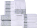 Superior Medallion Cotton 12 Piece Assorted Towel Set, Absorbent, Textured, Quick-Dry, Shower, Spa Basics, Solid White, Color Border, Includes 2 Bath Towels, 5 Hand Towels, 5 Face Towels, White-Silver
