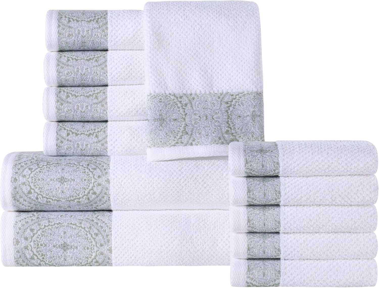 Superior Medallion Cotton 12 Piece Assorted Towel Set, Absorbent, Textured, Quick-Dry, Shower, Spa Basics, Solid White, Color Border, Includes 2 Bath Towels, 5 Hand Towels, 5 Face Towels, White-Silver