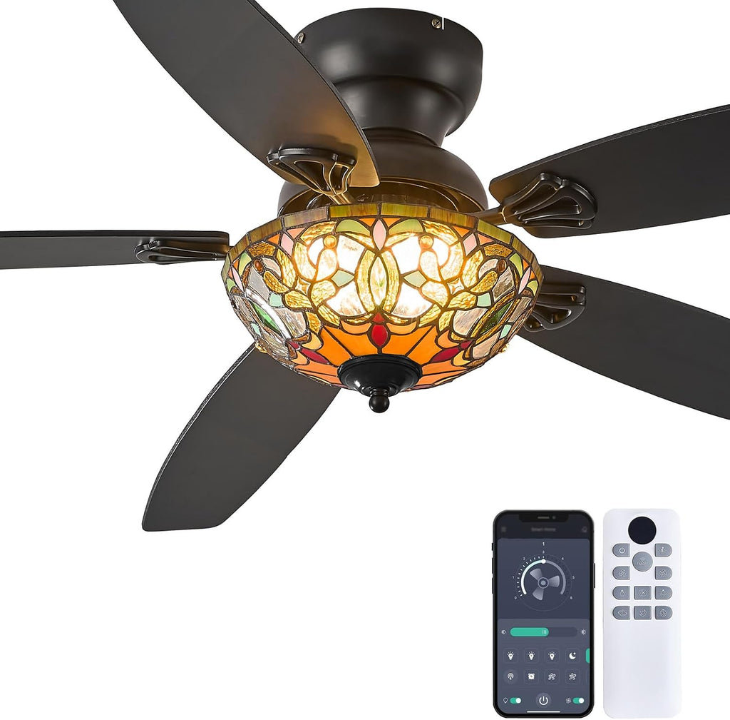 Ceiling Fans with Lights - 52' Ceiling Fan Chandelier with 5 Dual-Blades and Glass Shade, 6 Speeds and Reversible, Indoor and Outdoor, Retro Style
