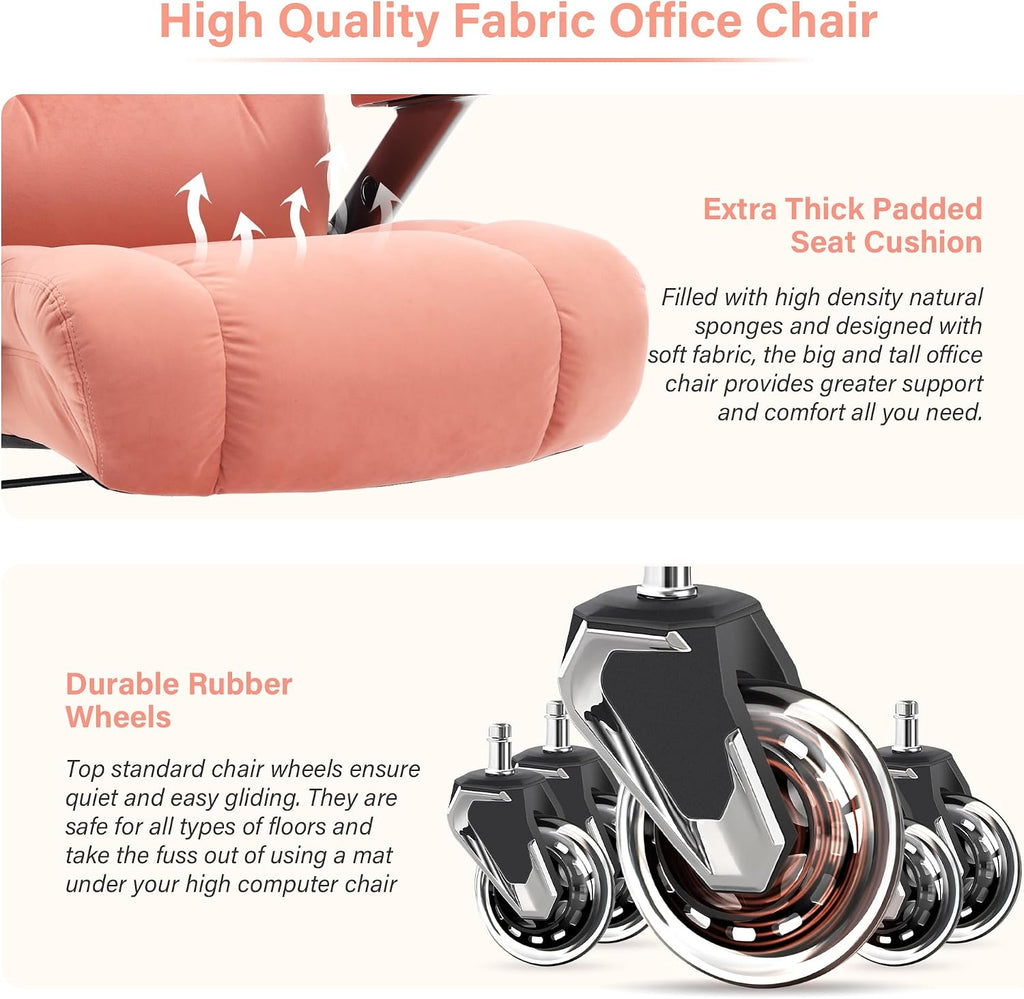 Big and Tall Office Chair 700lbs- Executive Desk Chair with Adjustable Lumbar Support 3D Flip UP Arms- Heavy Duty Quiet Wheels Metal Base Ergonomic Computer Chairs, Pink