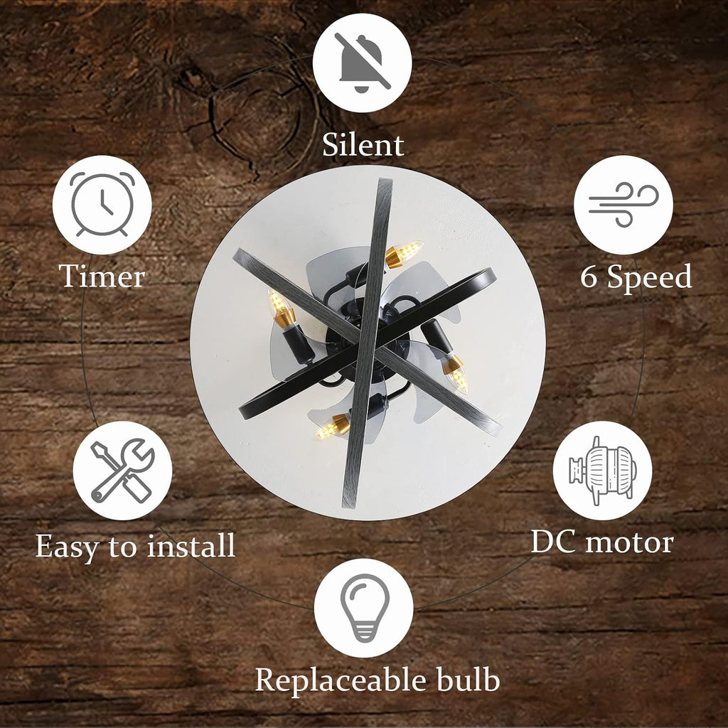 Chandelier,Retro Ceiling Fans with Lights and Remote Metal Cage Fan Chandeliers Ceiling Light Quiet DC Reversible 6 Speed Industrial Ceiling Fan with Lighting Winter Summer Pattern