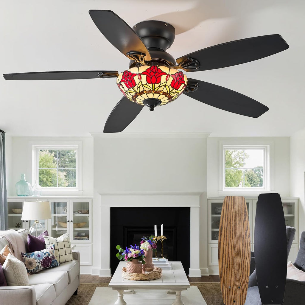 Tiffany Ceiling Fans with Lights - 48' Ceiling Fan Chandelier with 5 Dual-Blades and Glass Shade, 6 Speeds and Reversible, Indoor and Outdoor, Retro Style