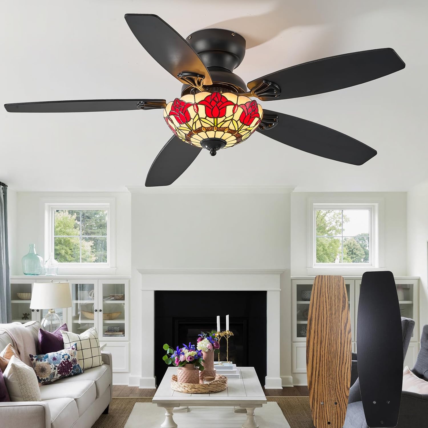 Tiffany Ceiling Fans with Lights - 48' Ceiling Fan Chandelier with 5 Dual-Blades and Glass Shade, 6 Speeds and Reversible, Indoor and Outdoor, Retro Style