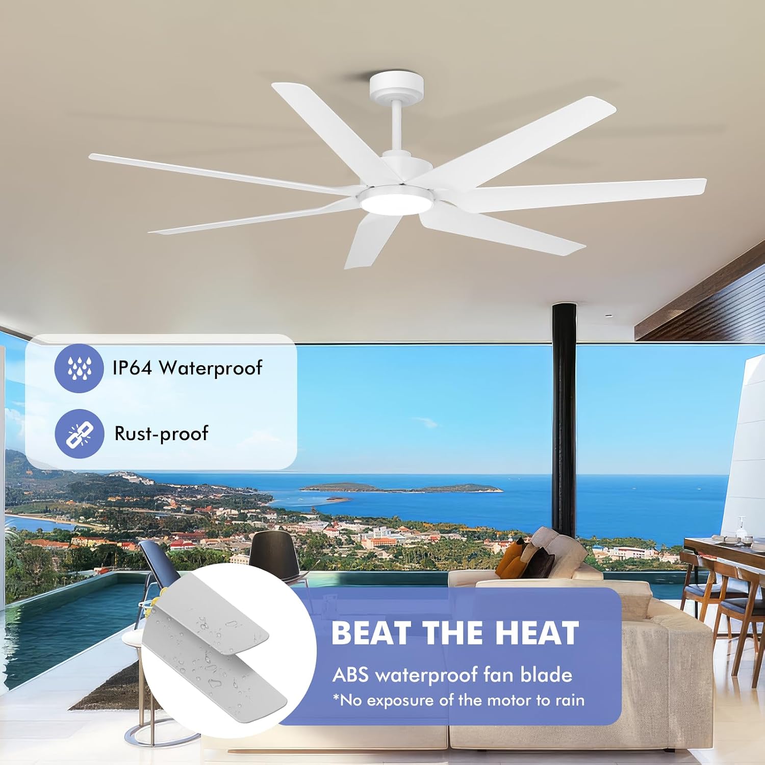 Smart Outdoor Ceiling Fan for patio with Lights Wet Rated, 65 inch High CFM Modern White Ceiling Fan with Alexa/Remote/App Control, Waterproof outdoor Fan for Living Room Exterior Porch Gazebo Garage