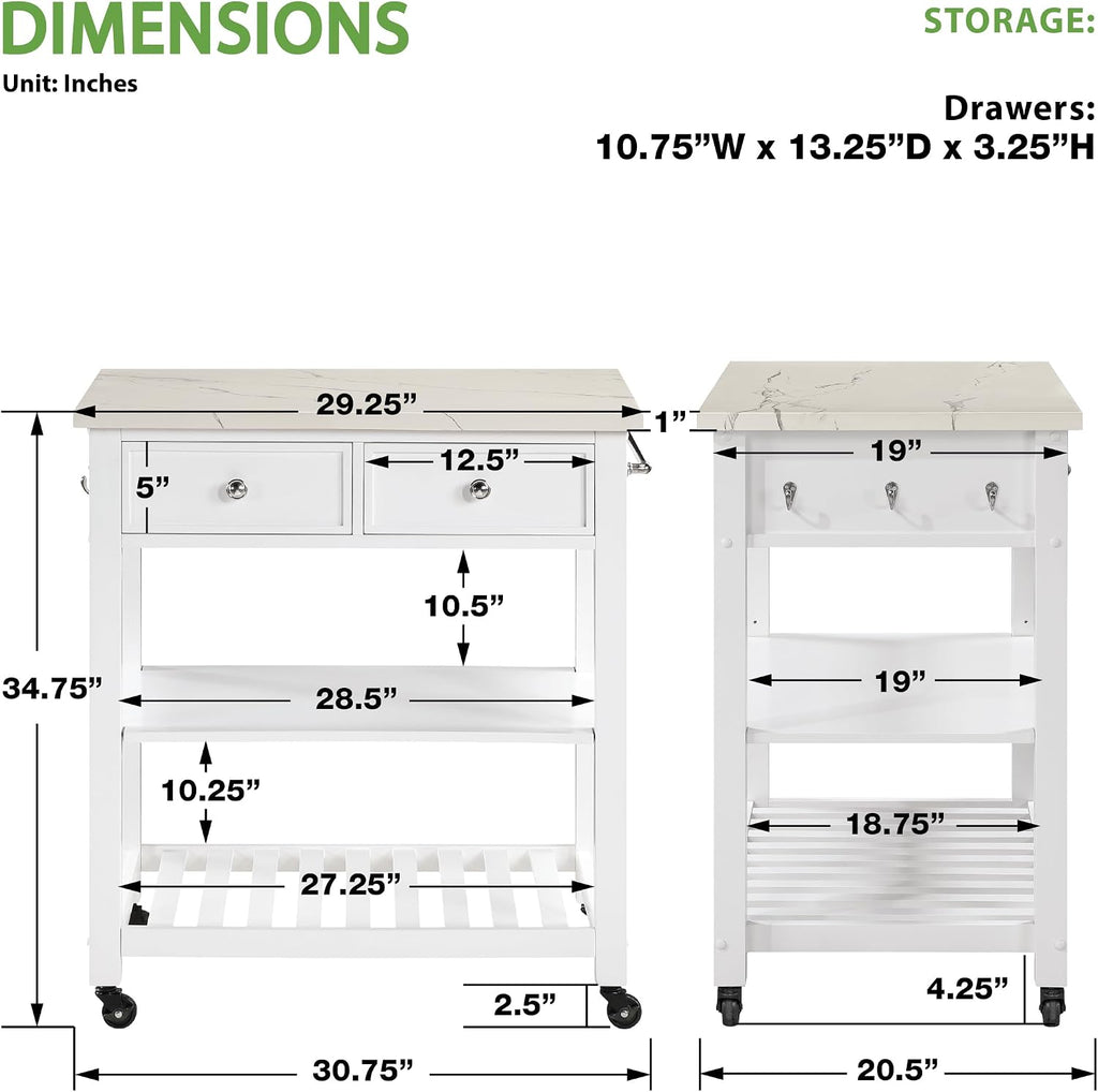 OSP Home Furnishings Litchfield Modern Farmhouse Kitchen Cart, Solid Wood Frame with Storage Drawers, Shelves, Locking Casters, White with Faux Marble Top