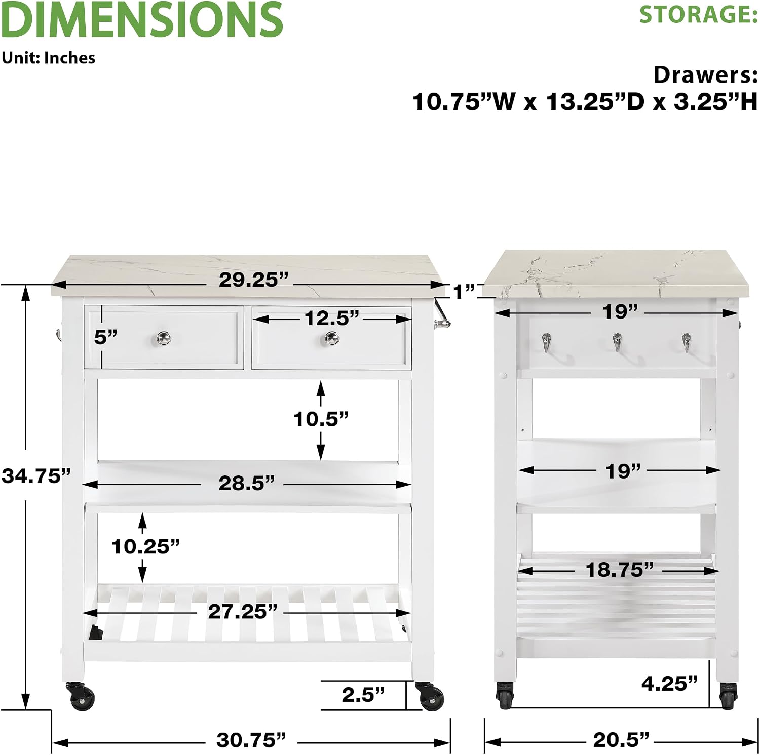 OSP Home Furnishings Litchfield Modern Farmhouse Kitchen Cart, Solid Wood Frame with Storage Drawers, Shelves, Locking Casters, White with Faux Marble Top