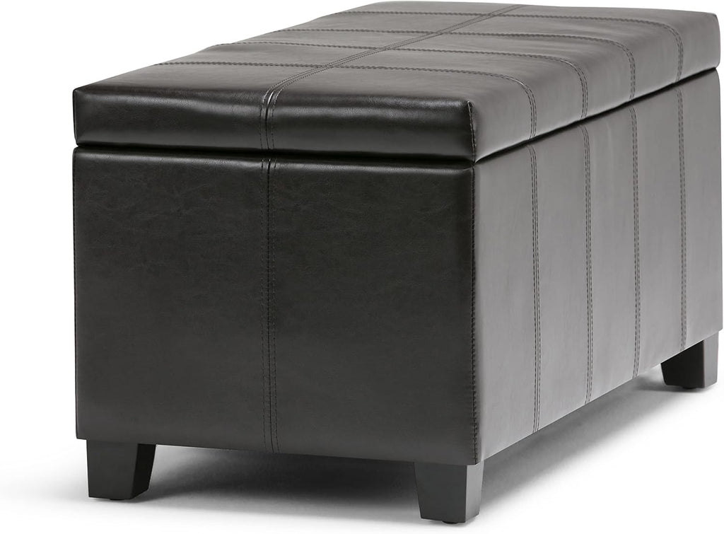 SIMPLIHOME Dover Storage Ottoman Bench - 36 inch Wide Upholstered Vegan Leather Rectangular Lift-Top Ottoman in Tanners Brown, Contemporary Bench for Living Room with Safety Hinges