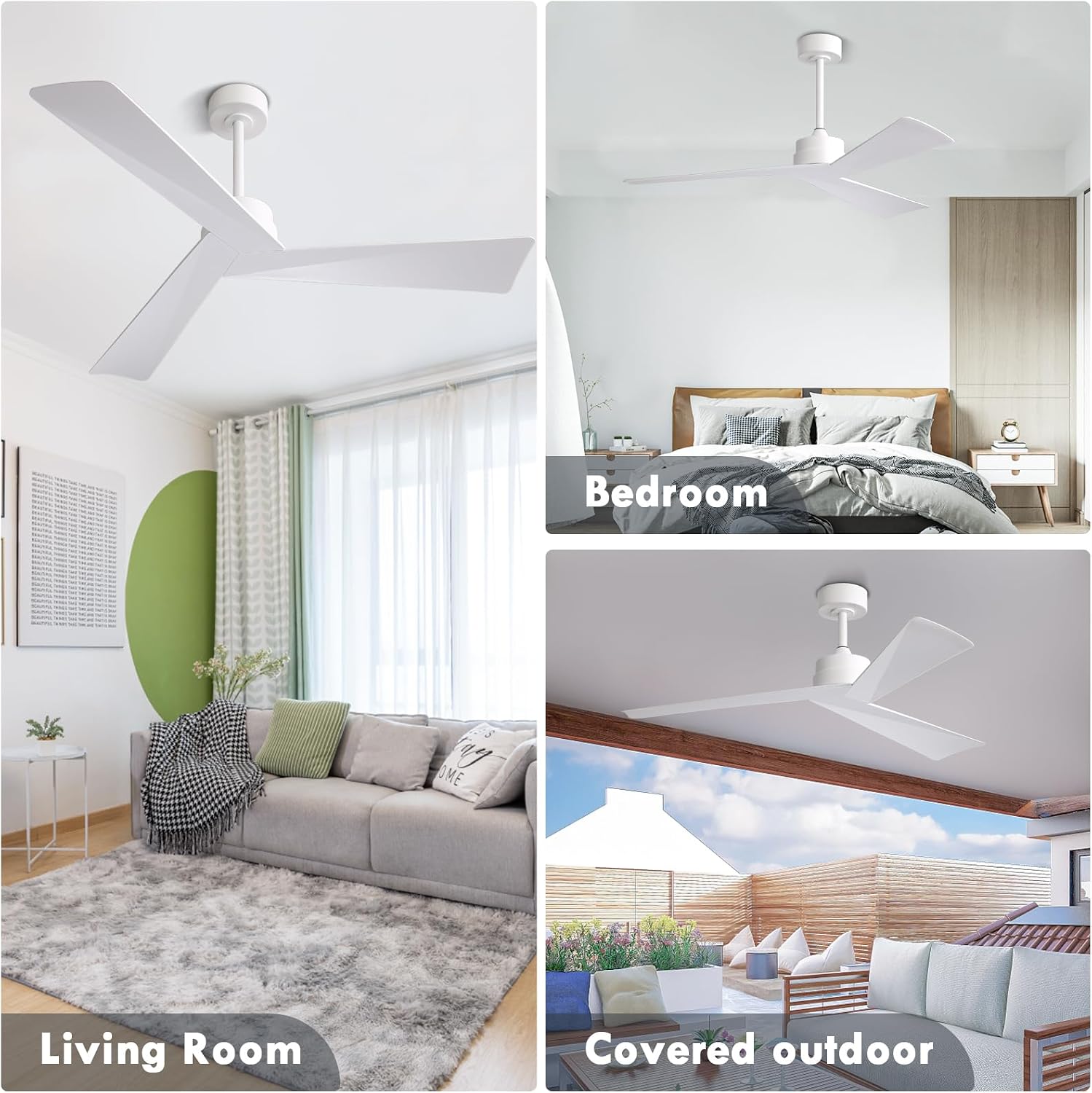 WINGBO 52' DC Ceiling Fan without Lights, White Ceiling Fan with Remote, 3 ABS Plastic Blades, 6 Speed Reversible DC Motor, Ceiling Fans No Light for Kitchen Bedroom Living Room