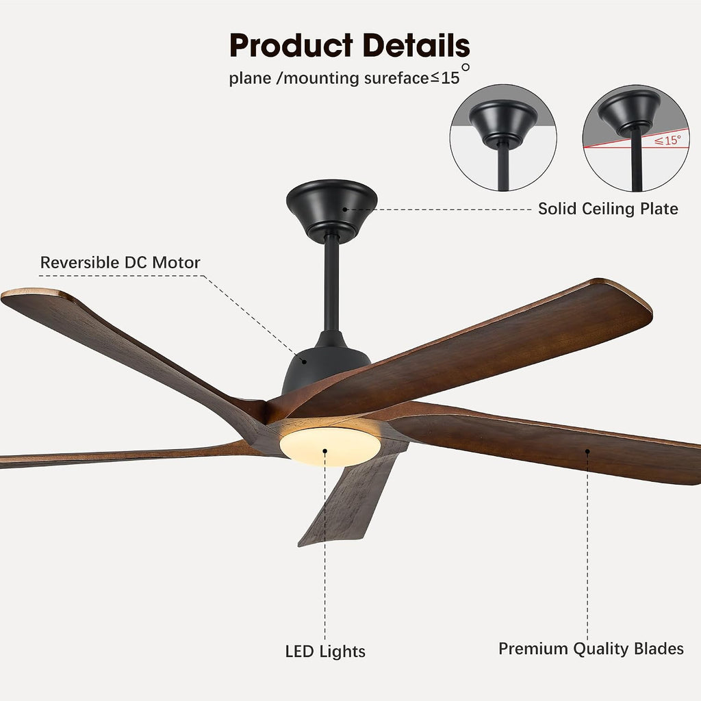 60' DC Ceiling Fan with Light, Solid Wood Ceiling Fan with Remote and APP Control, 3-color Dimmable, 6-speed Reversible Fans for Bedroom, Living Room, Dark Walnut