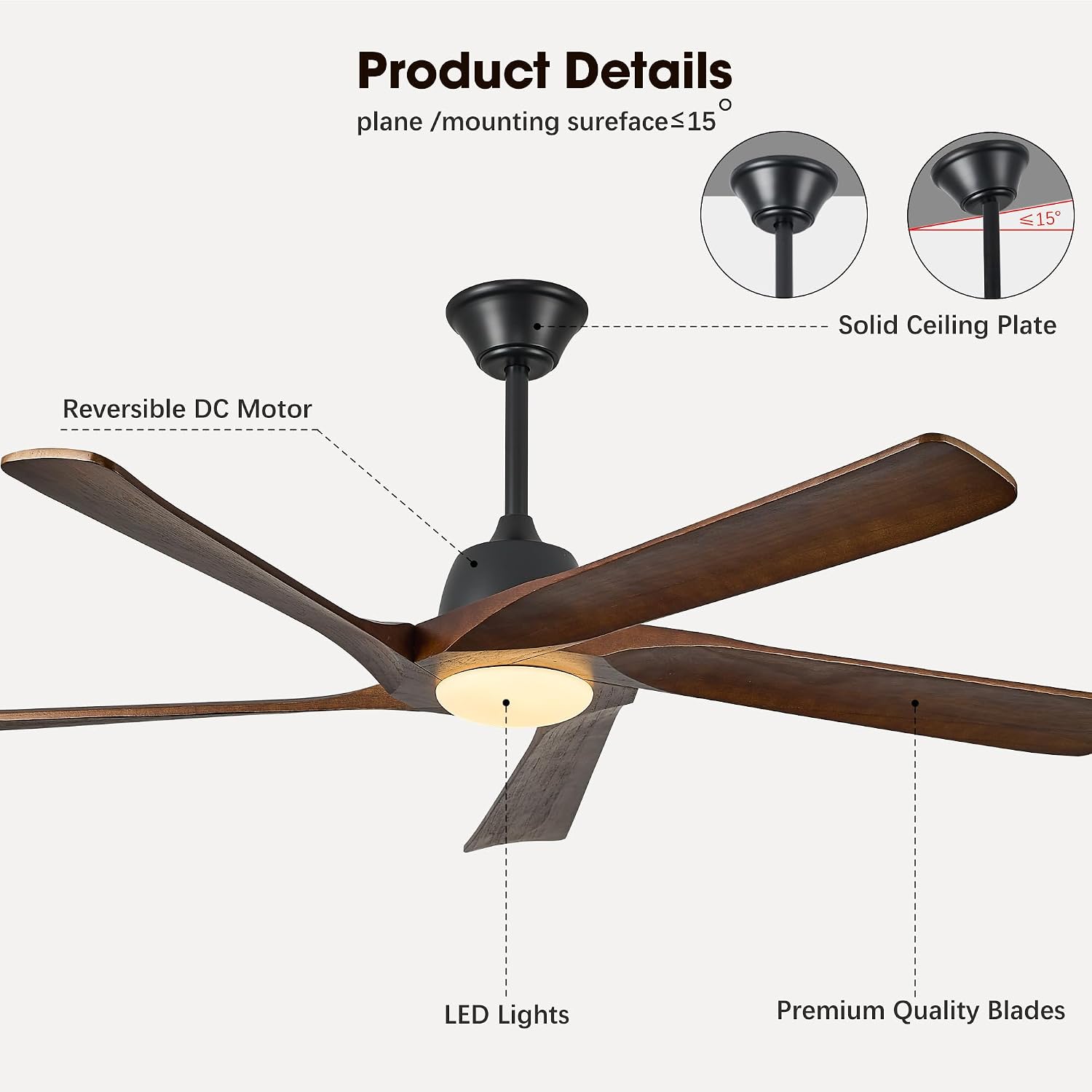 60' DC Ceiling Fan with Light, Solid Wood Ceiling Fan with Remote and APP Control, 3-color Dimmable, 6-speed Reversible Fans for Bedroom, Living Room, Dark Walnut