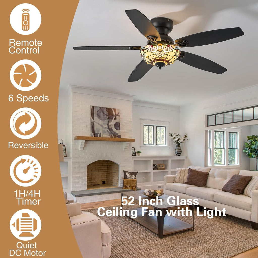 Tiffany Ceiling Fans with Lights - 52' Ceiling Fan Chandelier with 5 Dual-Blades and Glass Shade, 6 Speeds and Reversible, Indoor and Outdoor, Retro Style