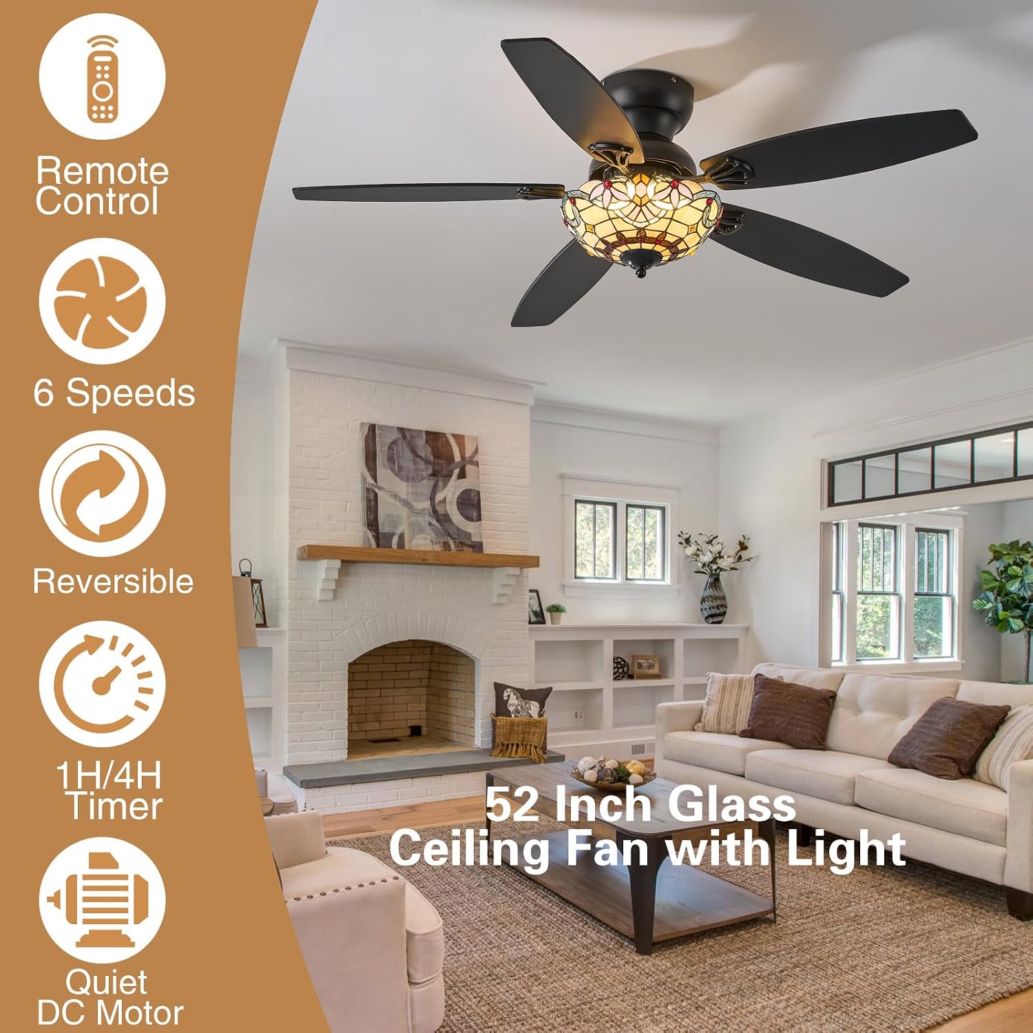 Tiffany Ceiling Fans with Lights - 52' Ceiling Fan Chandelier with 5 Dual-Blades and Glass Shade, 6 Speeds and Reversible, Indoor and Outdoor, Retro Style