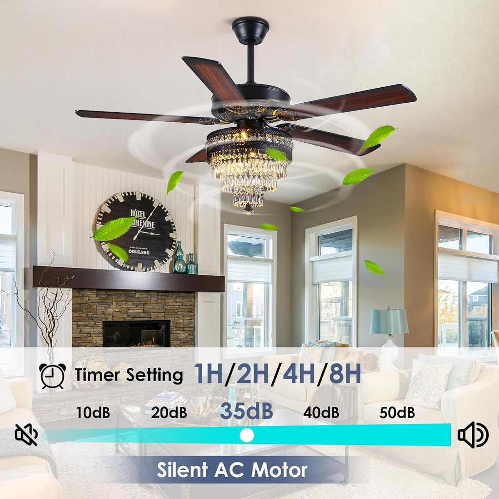 Asyko 50' Crystal Ceiling Fan Fandelier with Lights - Modern Black Chandelier Fans with Remote Control，Noiseless AC Motor, Retro/Farmhouse Lighting, Dining Room，Living Room