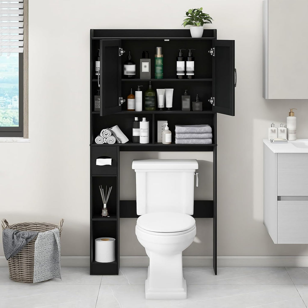 Vabches Over The Toilet Storage Cabinet, Farmhouse Storage Cabinet Over Toilet with 2 Barn Door & Toilet Paper Holder Stand, Home Space-Saving Toilet Rack, for Bathroom, Restroom (Black)