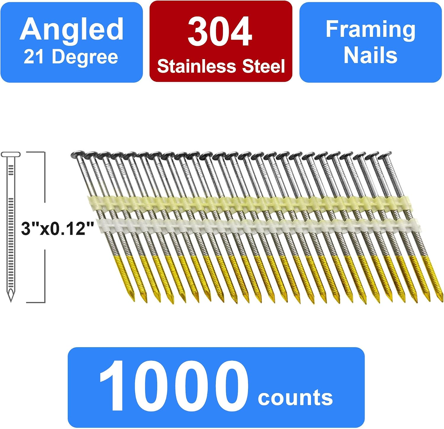 Framing Nails 304 Stainless Steel 21° Full Round Head Nail 21 Degree Ring Shank Nail for Pneumatic, Electric 21 degree Framing Nailer (3' -1000 pcs)