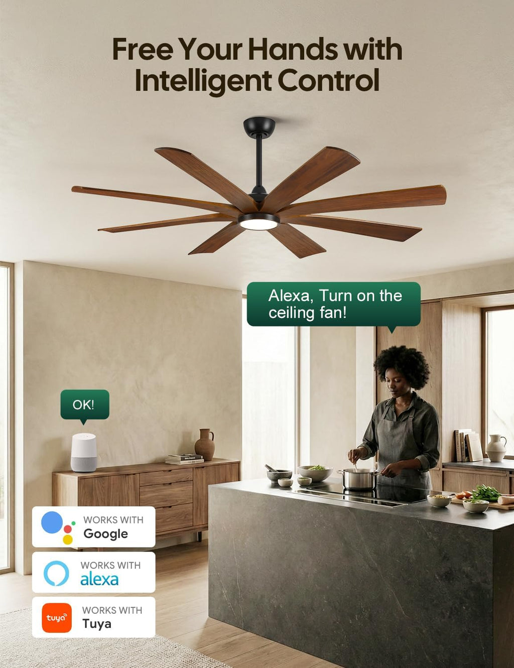 65 Inch Smart Outdoor Ceiling Fan with Lights, Alexa/App/Remote Control, 8 Solid Wood Walnut Blades Damp Rated, High 9876 CFM Quiet DC Motor, Farmhouse Style for Large Room Exterior Gazebo Patio
