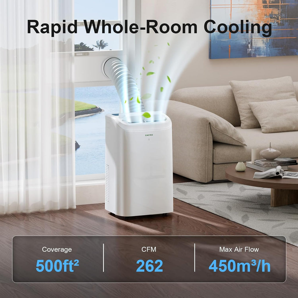 ZAFRO Portable Air Conditioner, 12000 BTU (8000 BTU SACC), Cools Rooms up to 500 Sq.Ft, Smart Portable AC Unit with Ultra-Quiet (44dB), Drainage-Free Cooling, Energy-Efficient, Easy Installation
