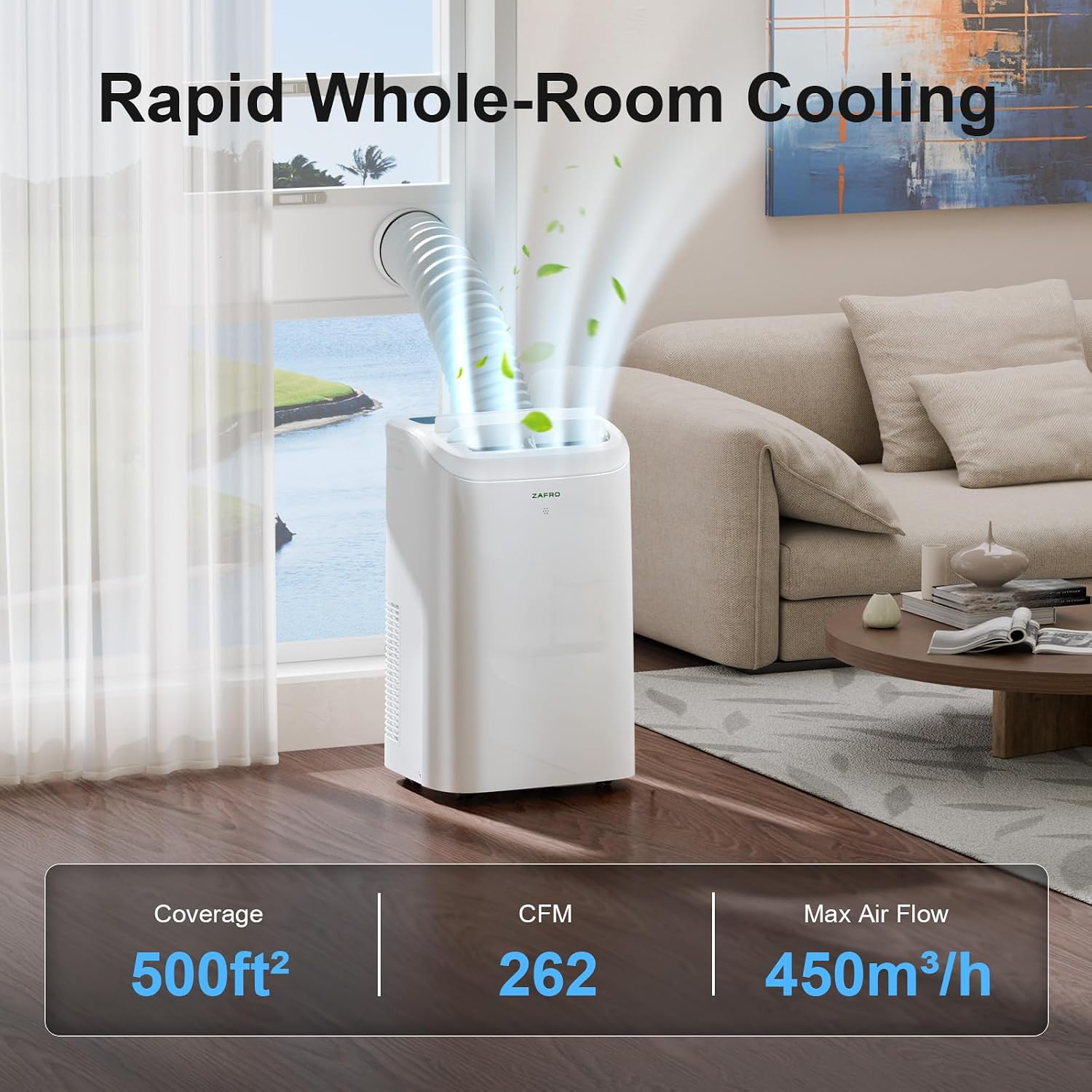 ZAFRO Portable Air Conditioner, 12000 BTU (8000 BTU SACC), Cools Rooms up to 500 Sq.Ft, Smart Portable AC Unit with Ultra-Quiet (44dB), Drainage-Free Cooling, Energy-Efficient, Easy Installation
