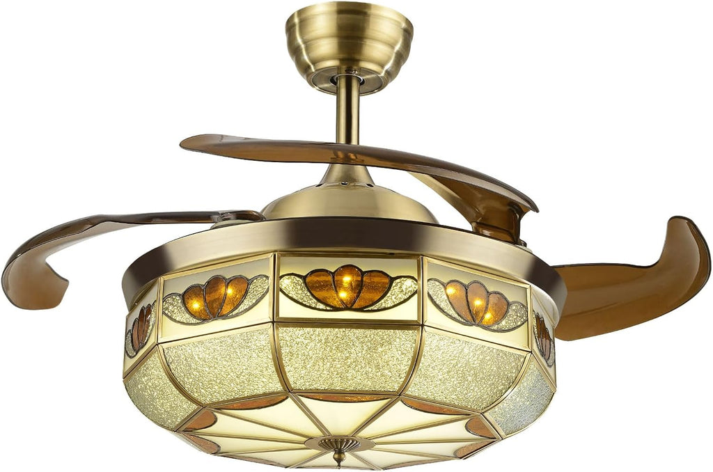 36' Vintage Retractable Ceiling Fan Light, Chandelier Fan with controller 3-Color Lighting 6-Speed Copper Glass Lampshade & Reverse Function for Bedroom Living Room (Bronze)
