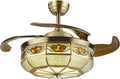 36' Vintage Retractable Ceiling Fan Light, Chandelier Fan with controller 3-Color Lighting 6-Speed Copper Glass Lampshade & Reverse Function for Bedroom Living Room (Bronze)