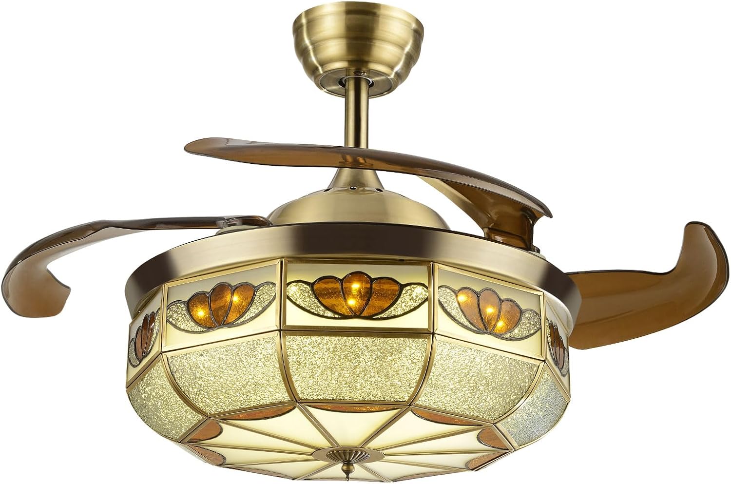 36' Vintage Retractable Ceiling Fan Light, Chandelier Fan with controller 3-Color Lighting 6-Speed Copper Glass Lampshade & Reverse Function for Bedroom Living Room (Bronze)