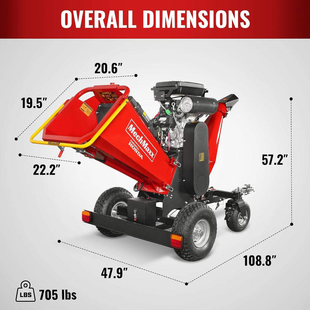 MechMaxx 8'' inch Honda 688cc 22HP Electric Start Gasoline Powered Engine 4-Wheels Towable Wood Chipper Shredder Mulcher with Towbar/Tail Light/Emergency Stop Switch, Model B200