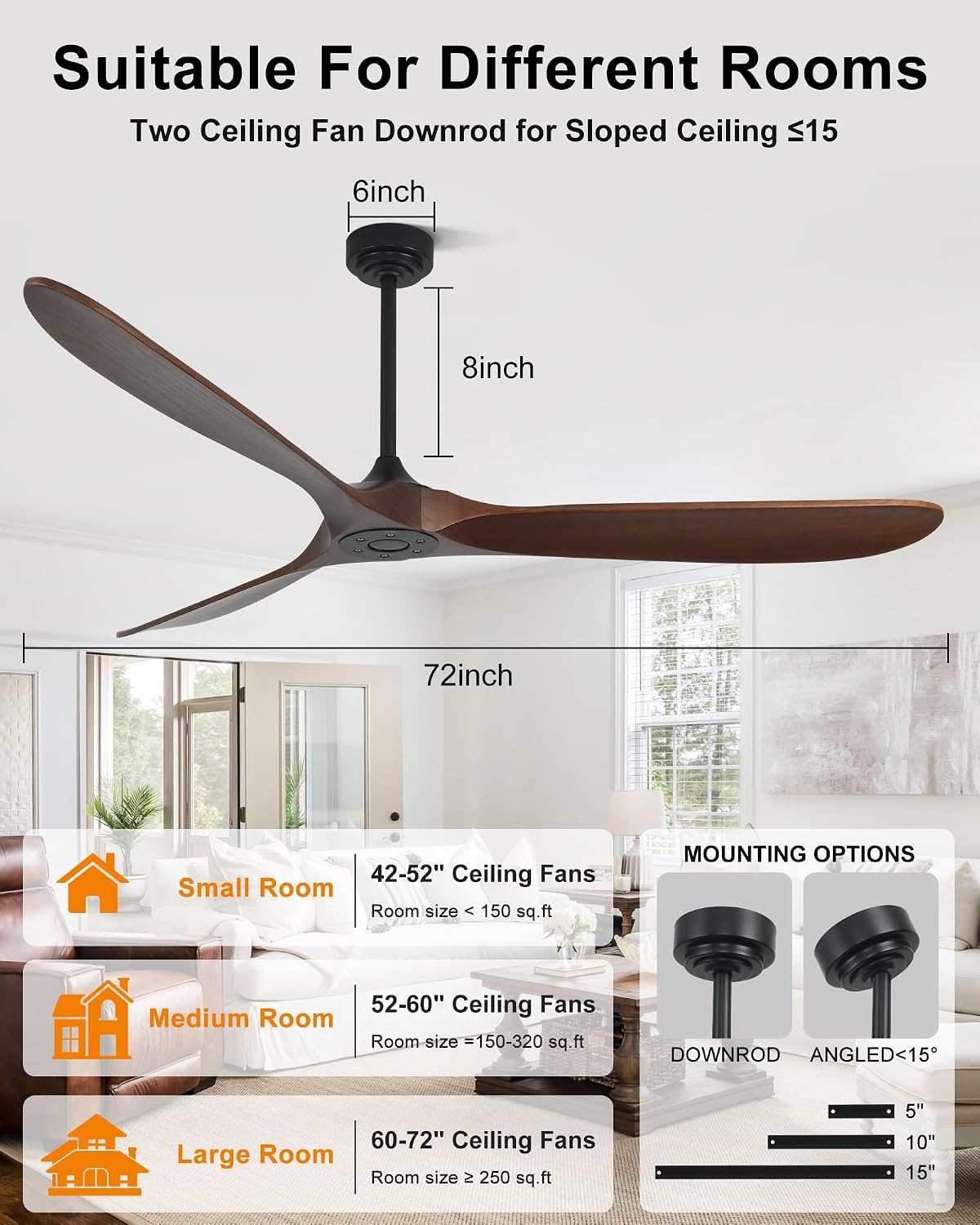 72' Smart Ceiling Fan without Lights, Wood Large Ceiling Fan with Remote Alexa Google App, 3 Blade Propeller for Patios Farmhouse Garage High CFM, Red Walnut